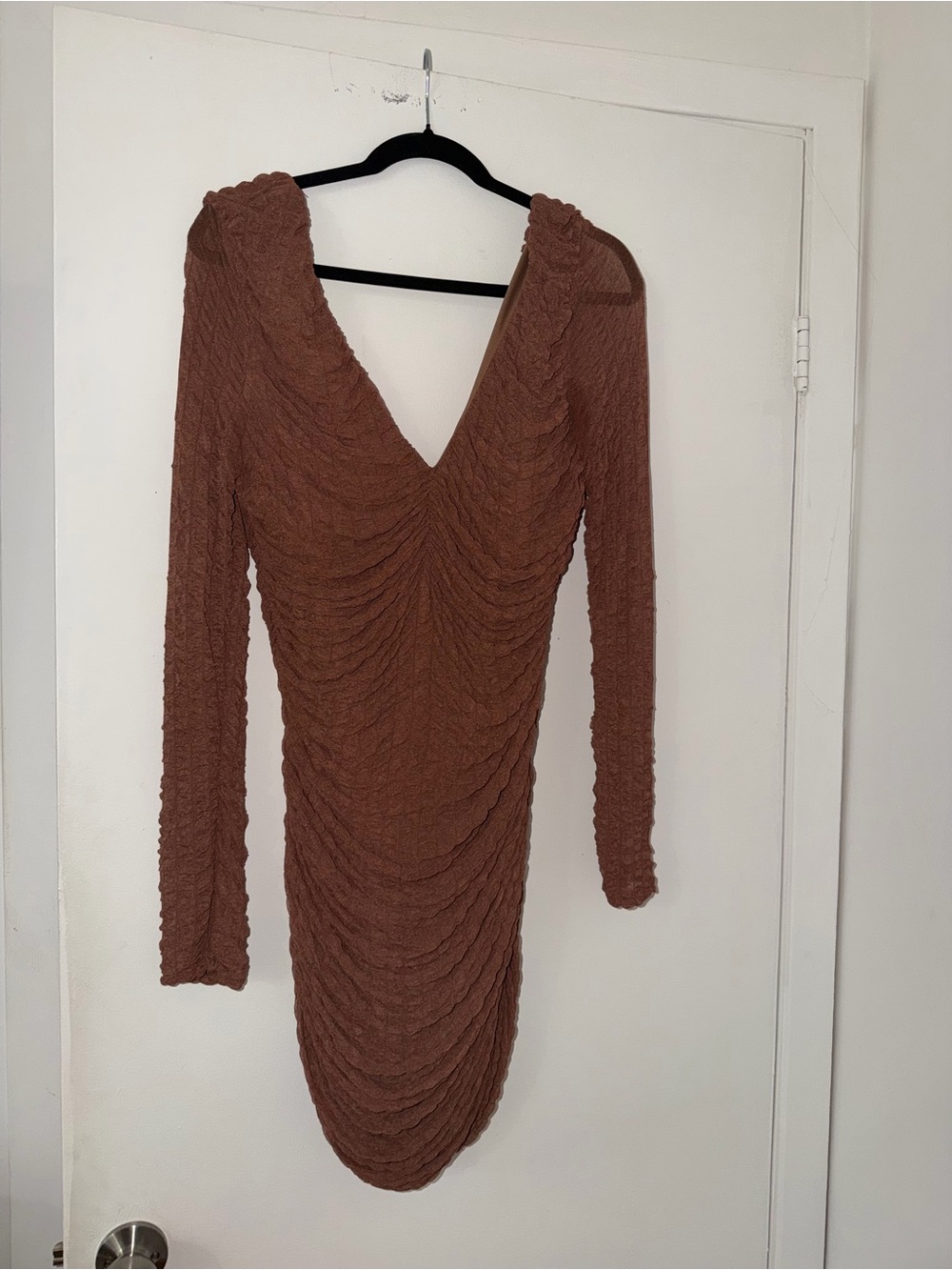 PrettyLittleThing Ruched V-Neck Long Sleeve Midi Dress in Brown